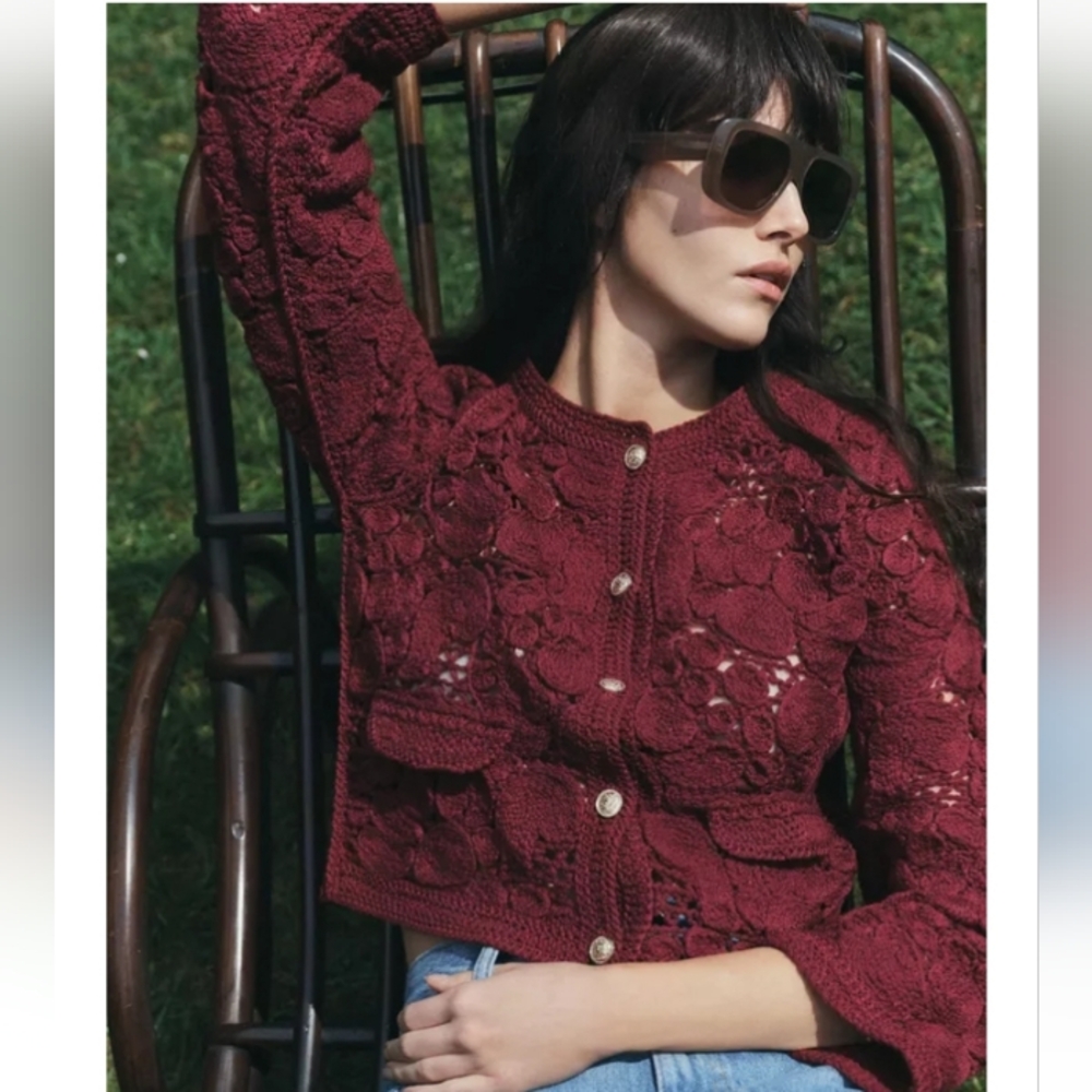 Zara Burgundy Knit Macrame Lace Cardigan with Button Detail